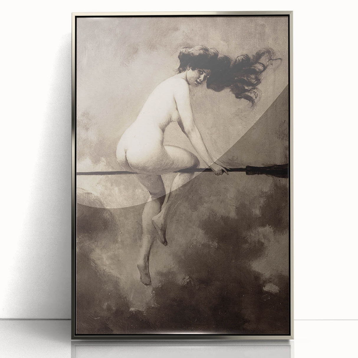 Dark Moody Wall Art | Vintage Nude on Broomstick | Moody Art Prints