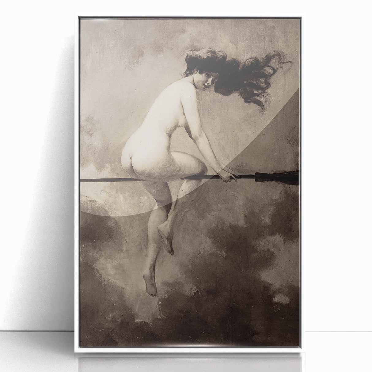 Dark Moody Wall Art | Vintage Nude on Broomstick | Moody Art Prints