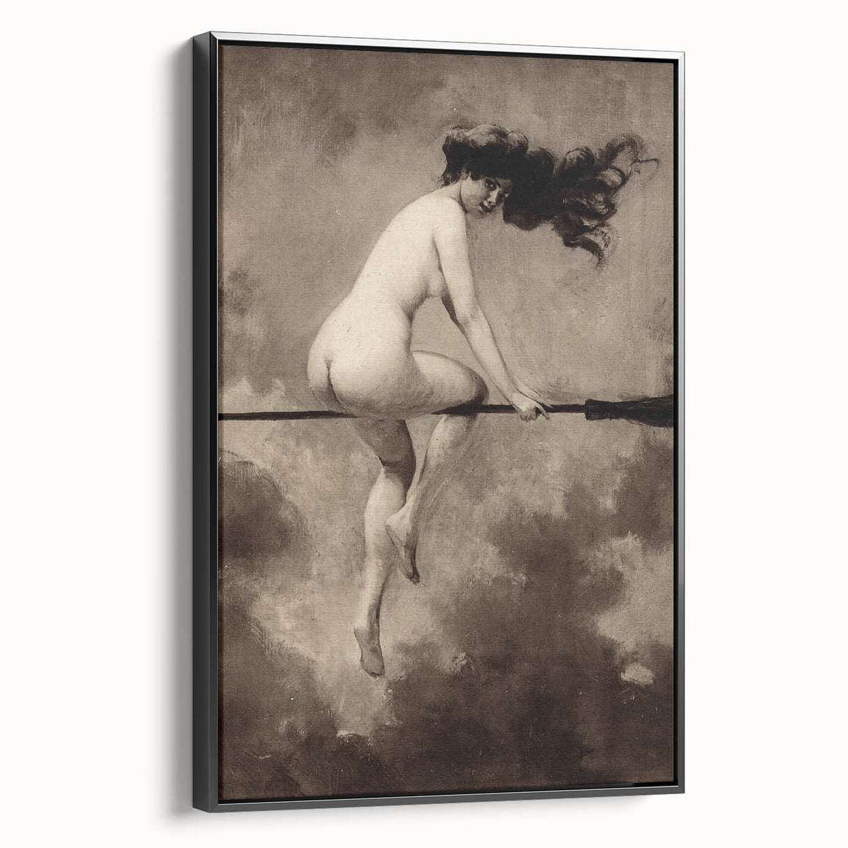 Dark Moody Wall Art | Vintage Nude on Broomstick | Moody Art Prints