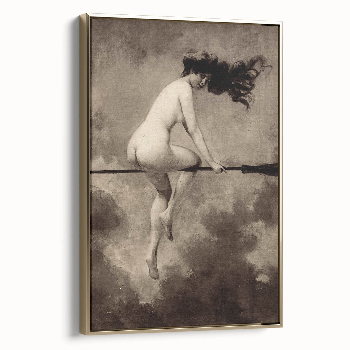 Dark Moody Wall Art | Vintage Nude on Broomstick | Moody Art Prints