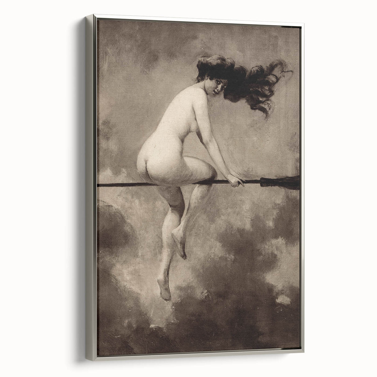 Dark Moody Wall Art | Vintage Nude on Broomstick | Moody Art Prints