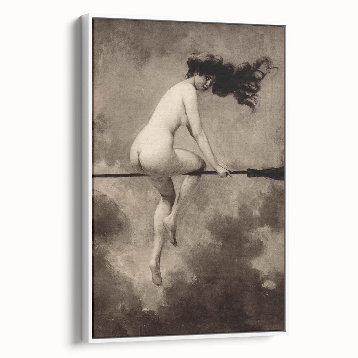 Dark Moody Wall Art | Vintage Nude on Broomstick | Moody Art Prints