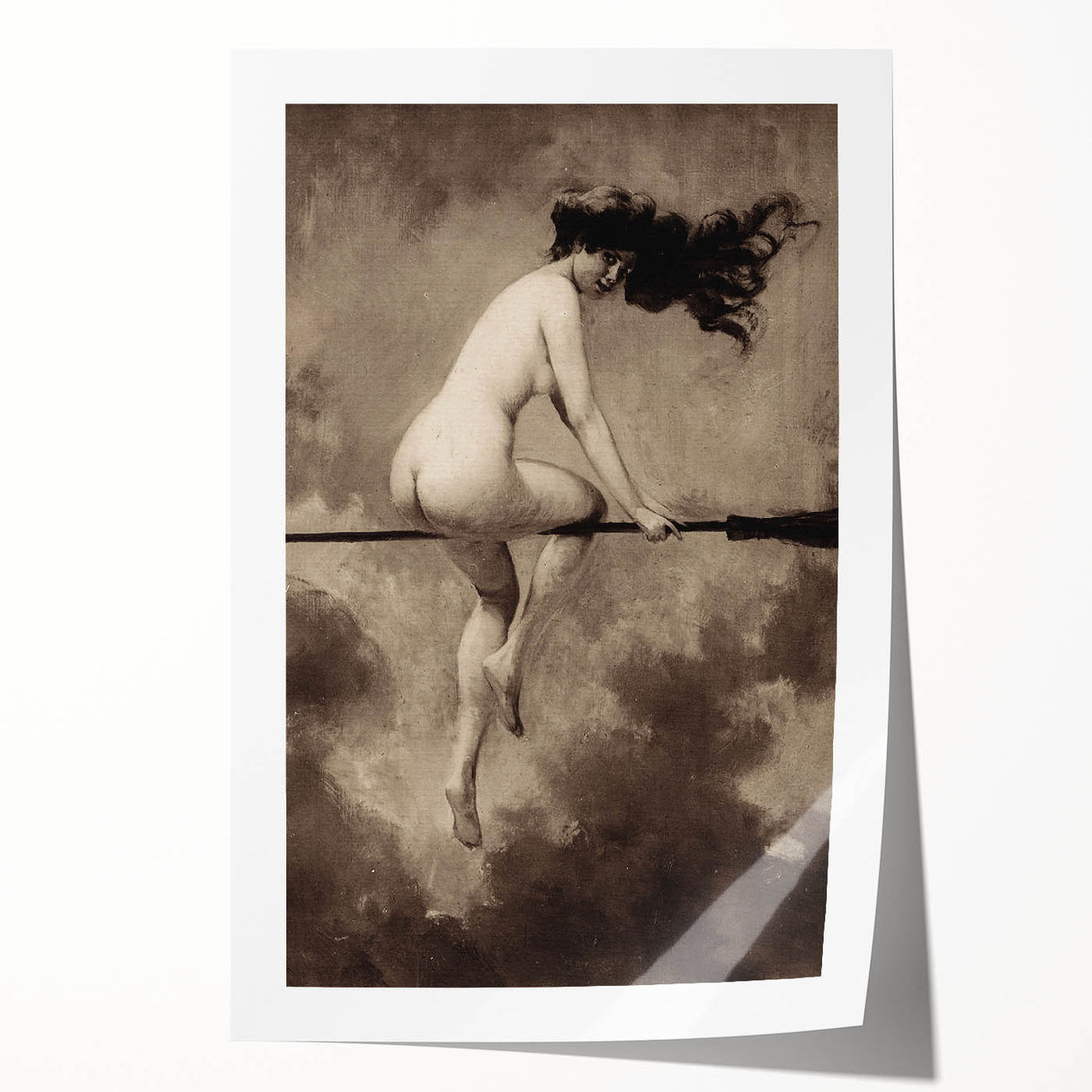 Dark Moody Wall Art | Vintage Nude on Broomstick | Moody Art Prints