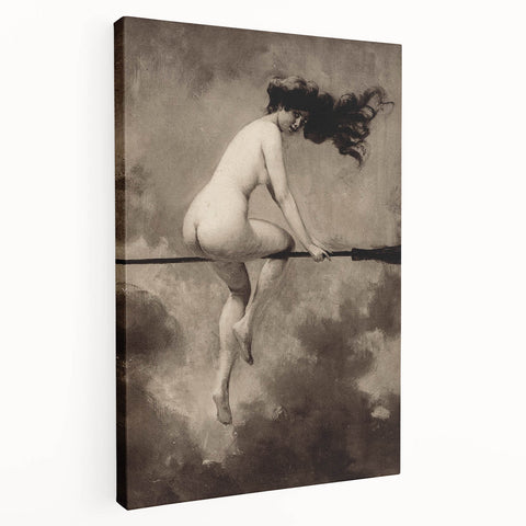 Dark Moody Wall Art | Vintage Nude on Broomstick | Moody Art Prints