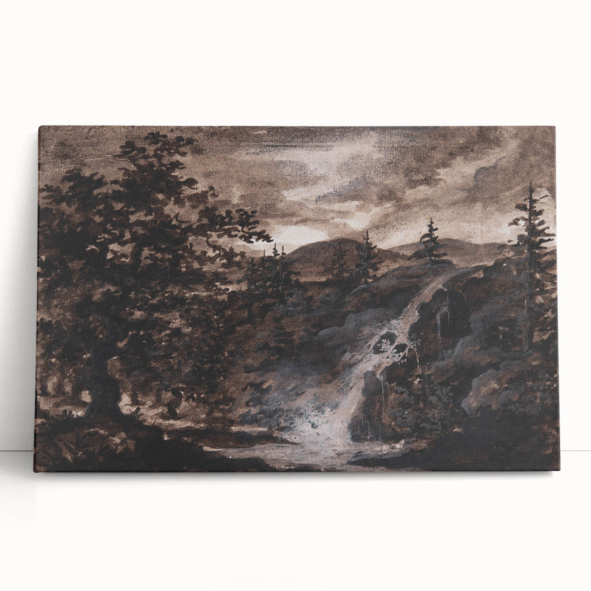 Dark Moody Wall Art - Timeless Waterfall Scene with Dramatic Shadows