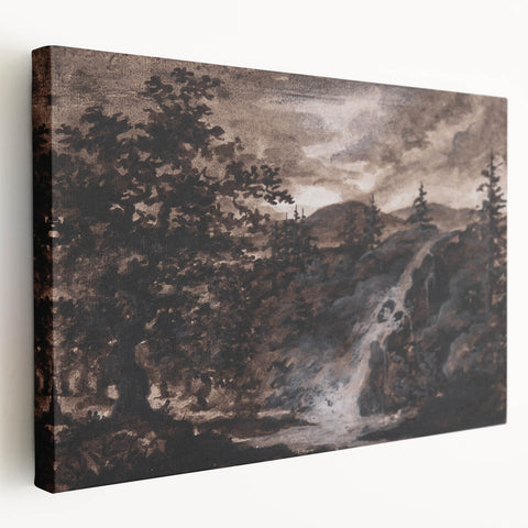 Dark Moody Wall Art - Timeless Waterfall Scene with Dramatic Shadows