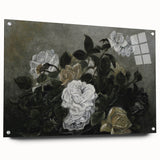 Moody Art Prints - Dramatic White Roses with Dark Green Foliage
