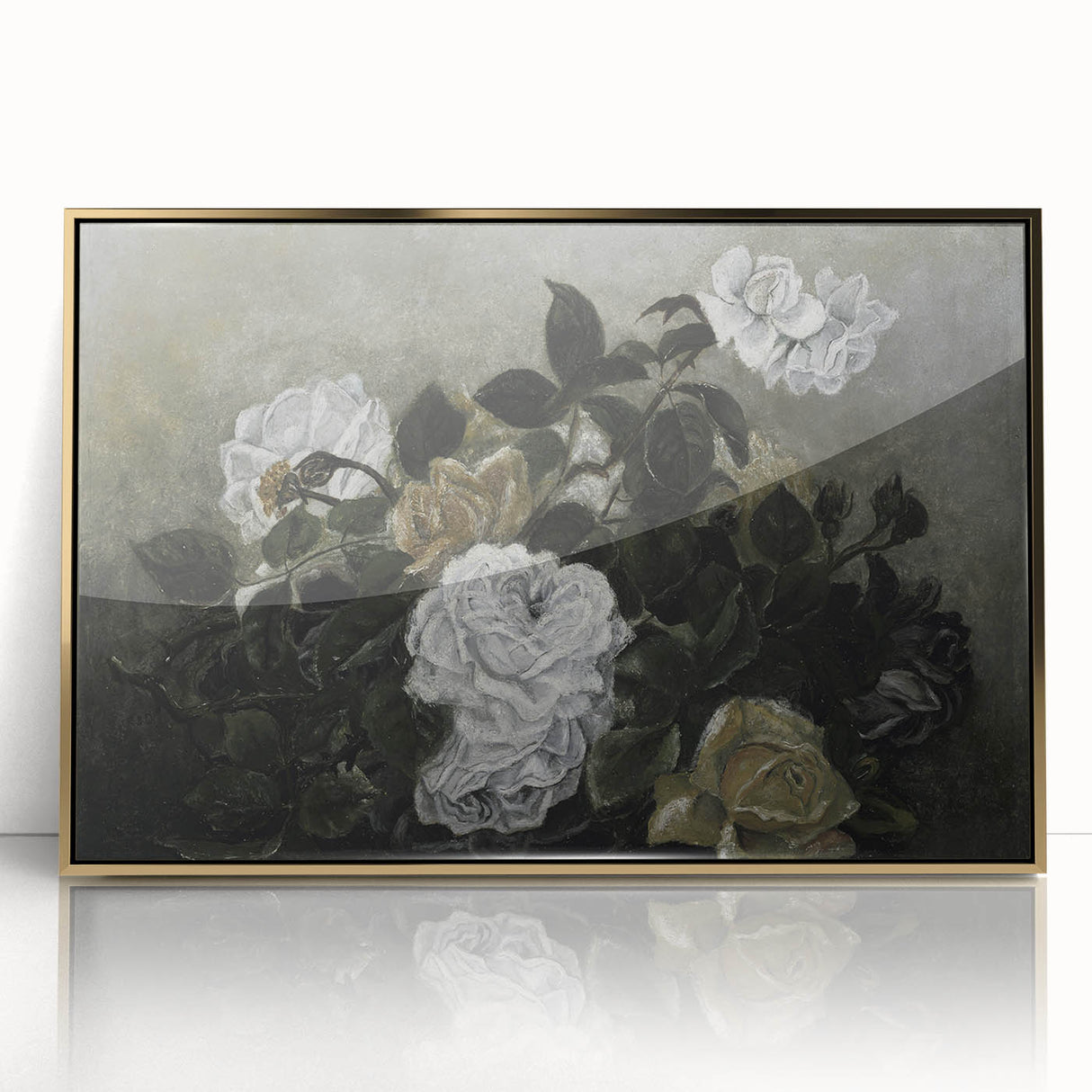 Moody Art Prints - Dramatic White Roses with Dark Green Foliage