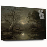Dark Moody Wall Art - Moonlit Forest Scene with Deer Reflection