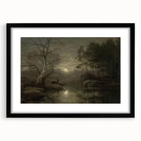 Dark Moody Wall Art - Moonlit Forest Scene with Deer Reflection