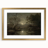 Dark Moody Wall Art - Moonlit Forest Scene with Deer Reflection