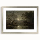 Dark Moody Wall Art - Moonlit Forest Scene with Deer Reflection