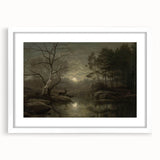 Dark Moody Wall Art - Moonlit Forest Scene with Deer Reflection