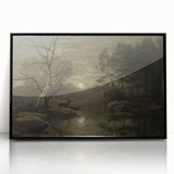 Dark Moody Wall Art - Moonlit Forest Scene with Deer Reflection