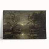 Dark Moody Wall Art - Moonlit Forest Scene with Deer Reflection
