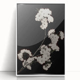 Dark Moody Wall Art - Elegant White Blossoms on Black Background
