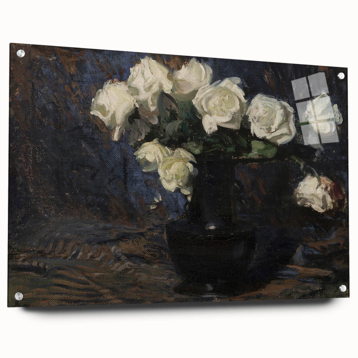Dark Moody Wall Art White Roses in Black Vase for Dramatic Interiors