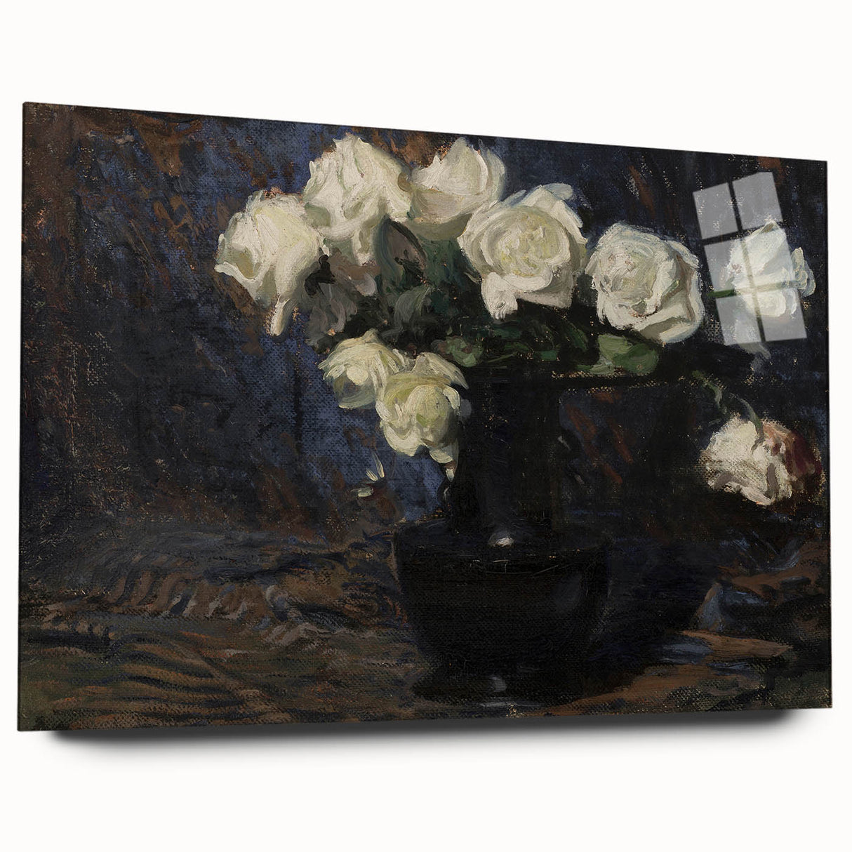 Dark Moody Wall Art White Roses in Black Vase for Dramatic Interiors