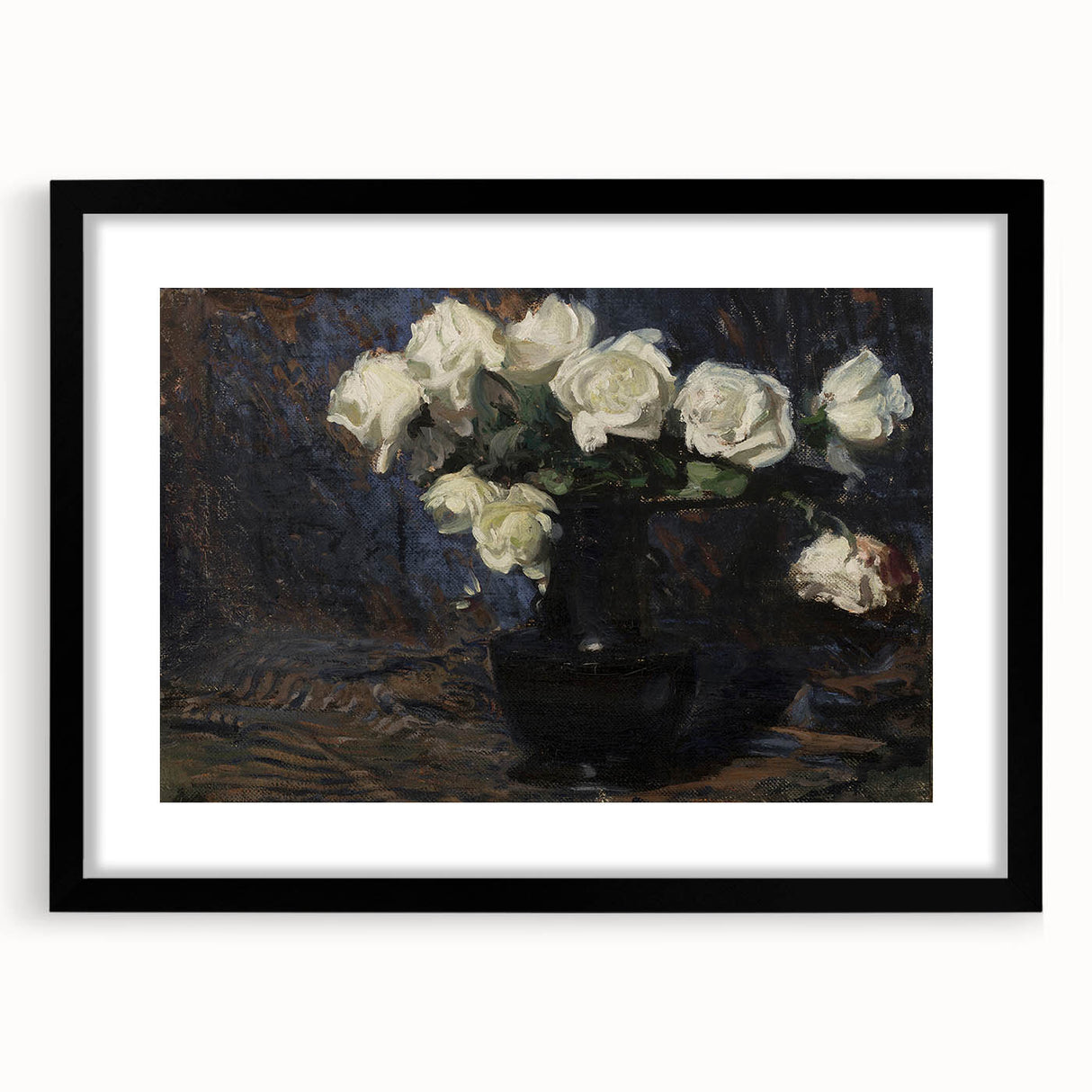 Dark Moody Wall Art White Roses in Black Vase for Dramatic Interiors
