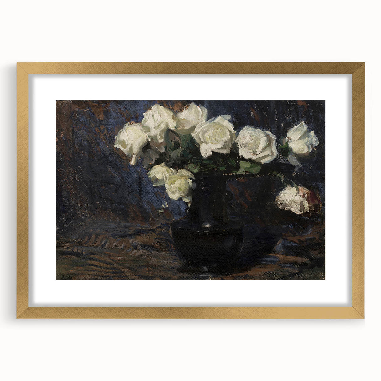 Dark Moody Wall Art White Roses in Black Vase for Dramatic Interiors