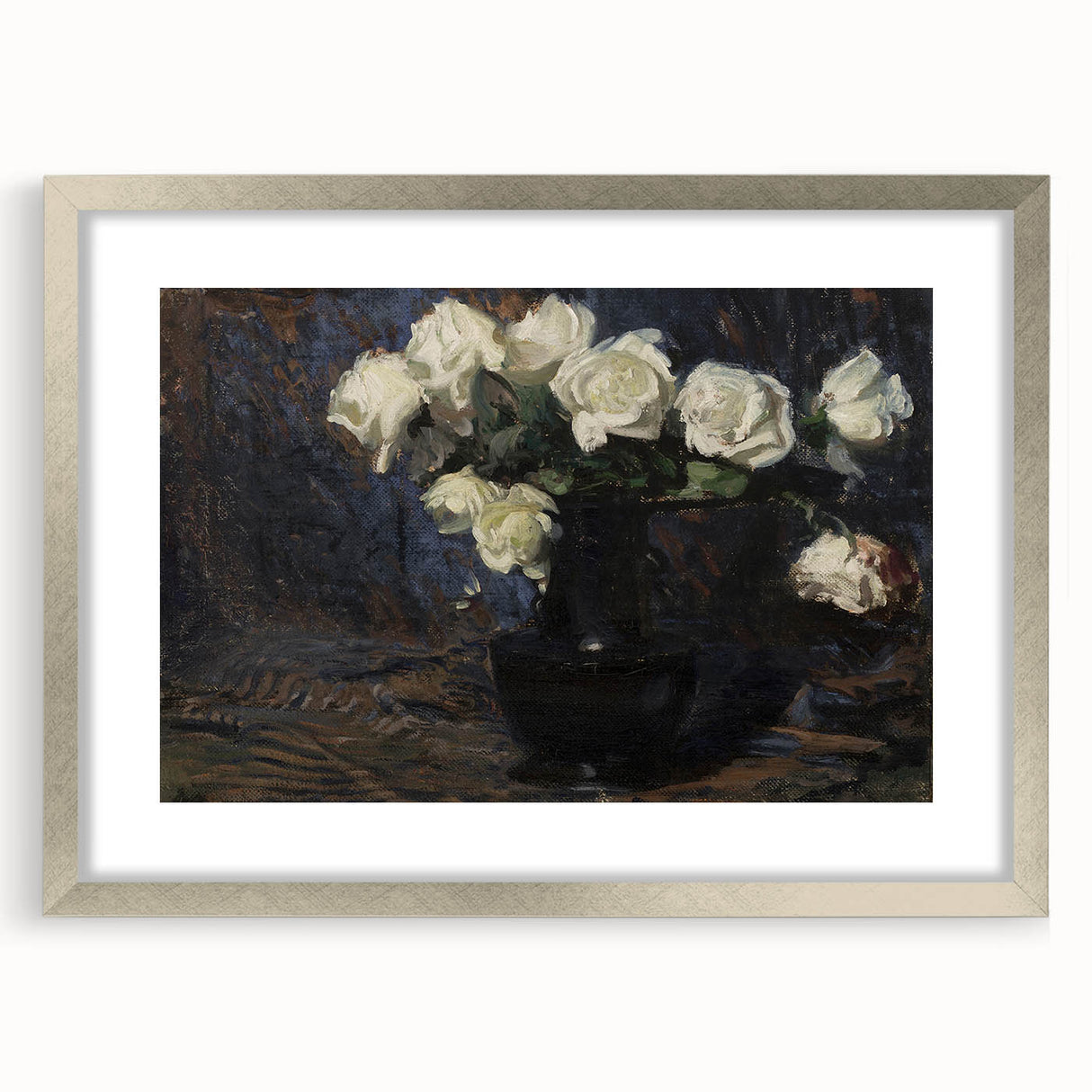 Dark Moody Wall Art White Roses in Black Vase for Dramatic Interiors