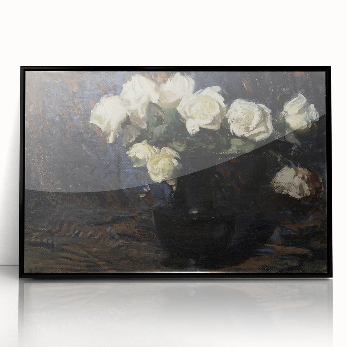 Dark Moody Wall Art White Roses in Black Vase for Dramatic Interiors