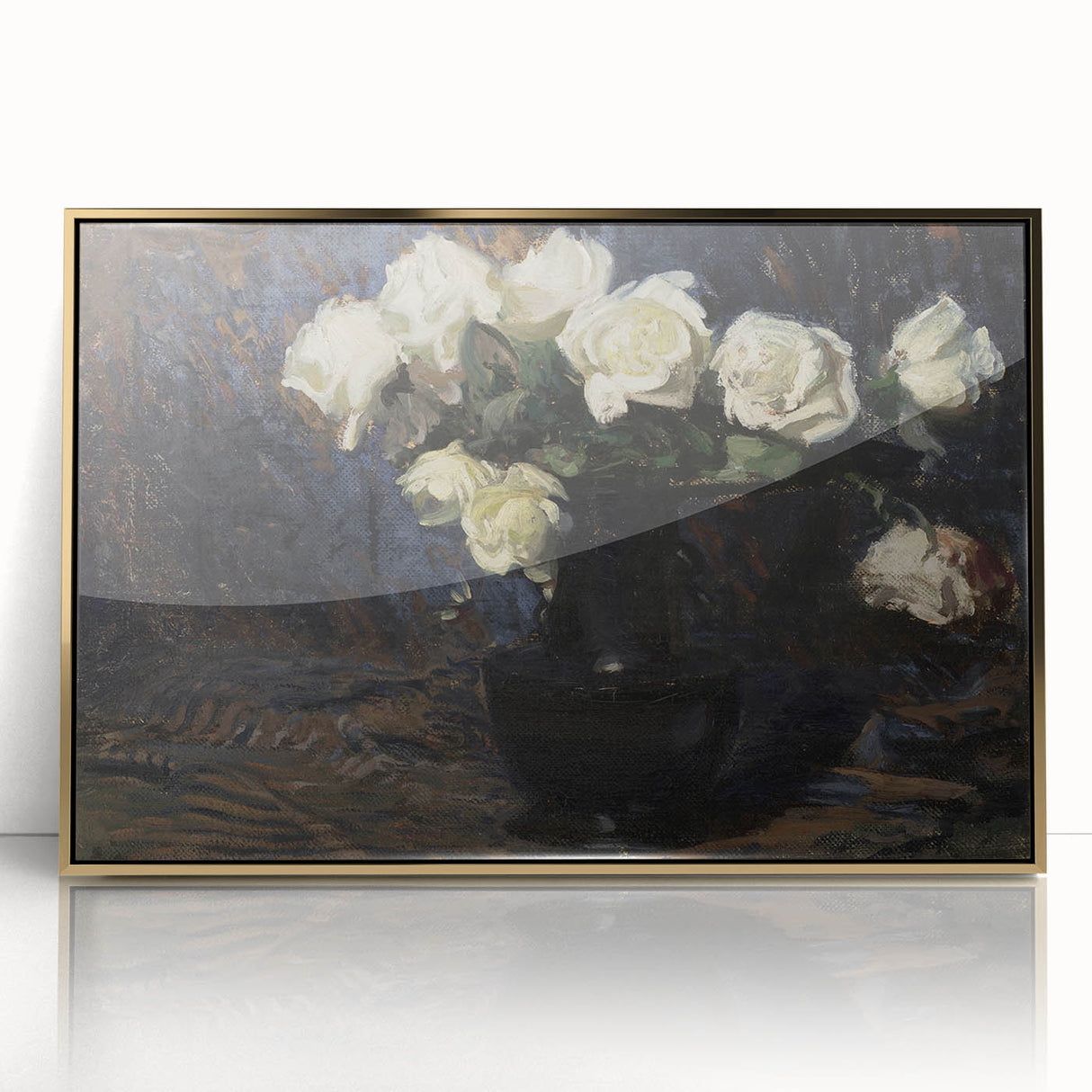 Dark Moody Wall Art White Roses in Black Vase for Dramatic Interiors
