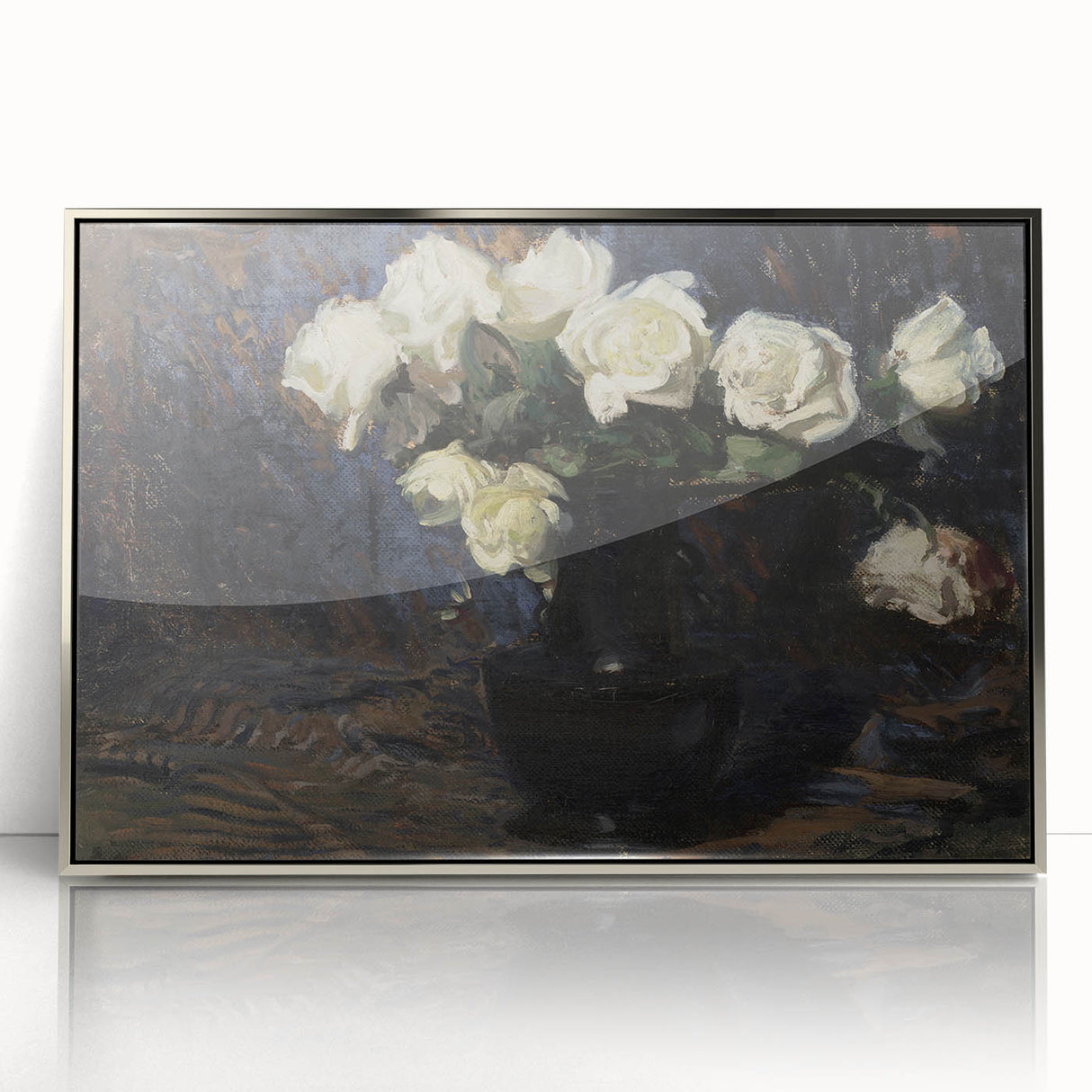 Dark Moody Wall Art White Roses in Black Vase for Dramatic Interiors