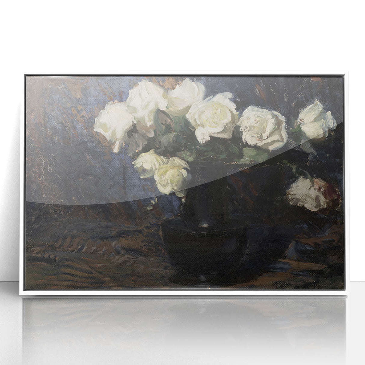 Dark Moody Wall Art White Roses in Black Vase for Dramatic Interiors
