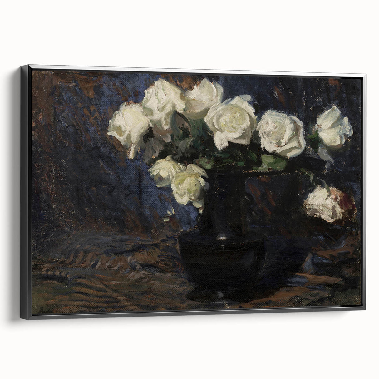 Dark Moody Wall Art White Roses in Black Vase for Dramatic Interiors
