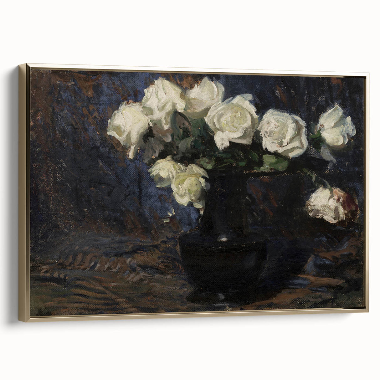 Dark Moody Wall Art White Roses in Black Vase for Dramatic Interiors