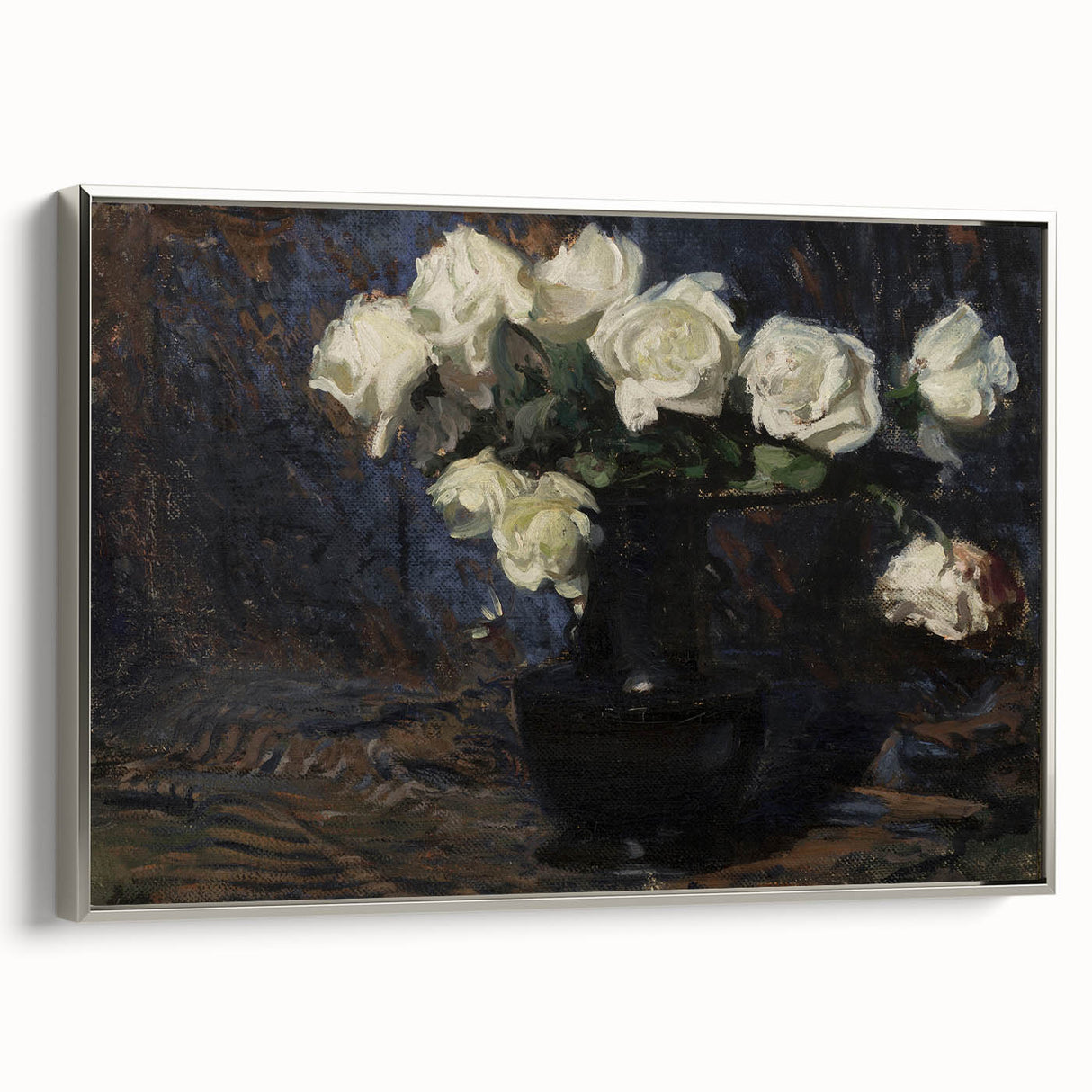 Dark Moody Wall Art White Roses in Black Vase for Dramatic Interiors