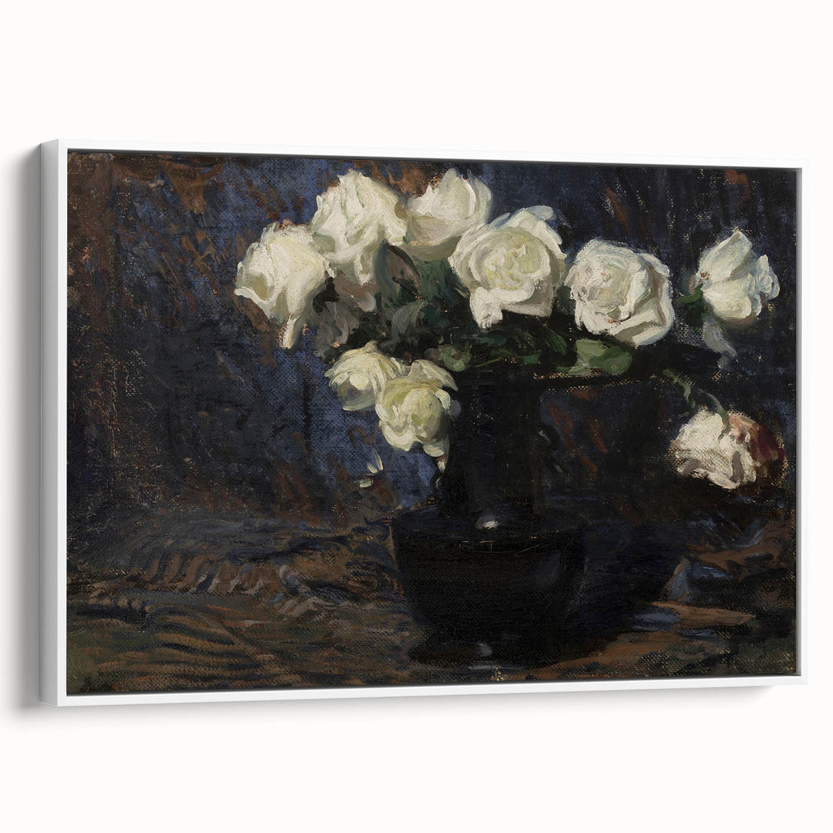 Dark Moody Wall Art White Roses in Black Vase for Dramatic Interiors