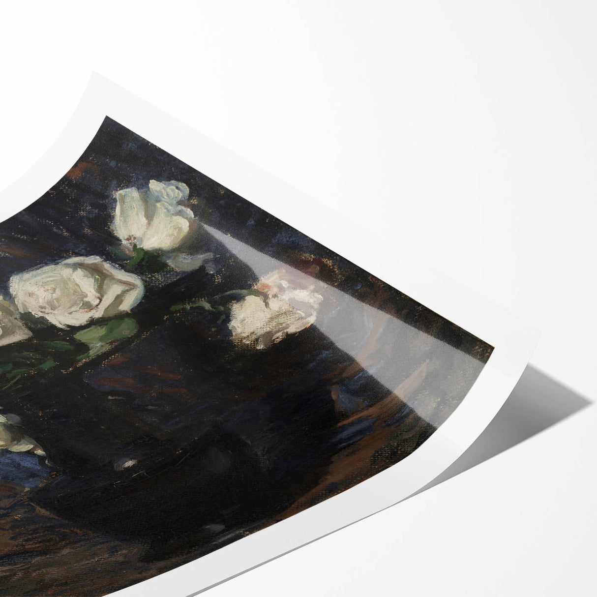 Dark Moody Wall Art White Roses in Black Vase for Dramatic Interiors