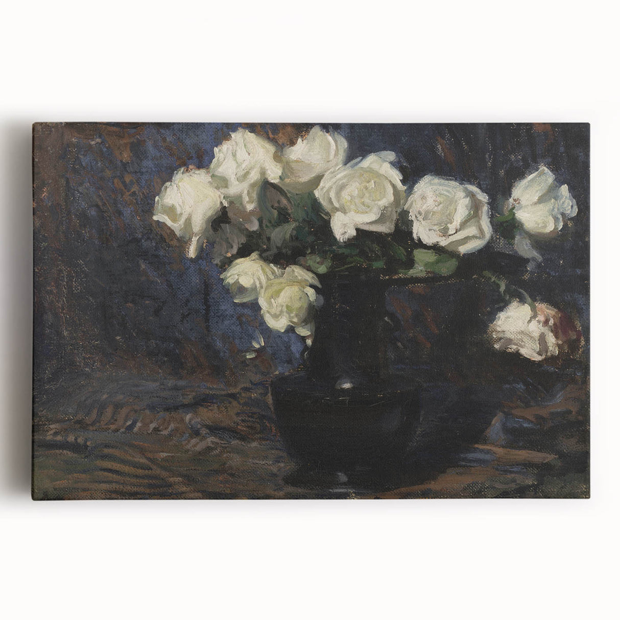 Dark Moody Wall Art White Roses in Black Vase for Dramatic Interiors
