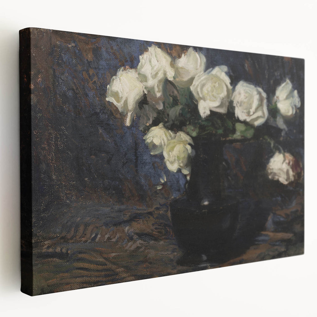 Dark Moody Wall Art White Roses in Black Vase for Dramatic Interiors