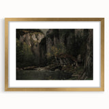 Moody Interior Art - Serene Cliffside Landscape with Deep Forest Tones