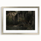 Moody Interior Art - Serene Cliffside Landscape with Deep Forest Tones