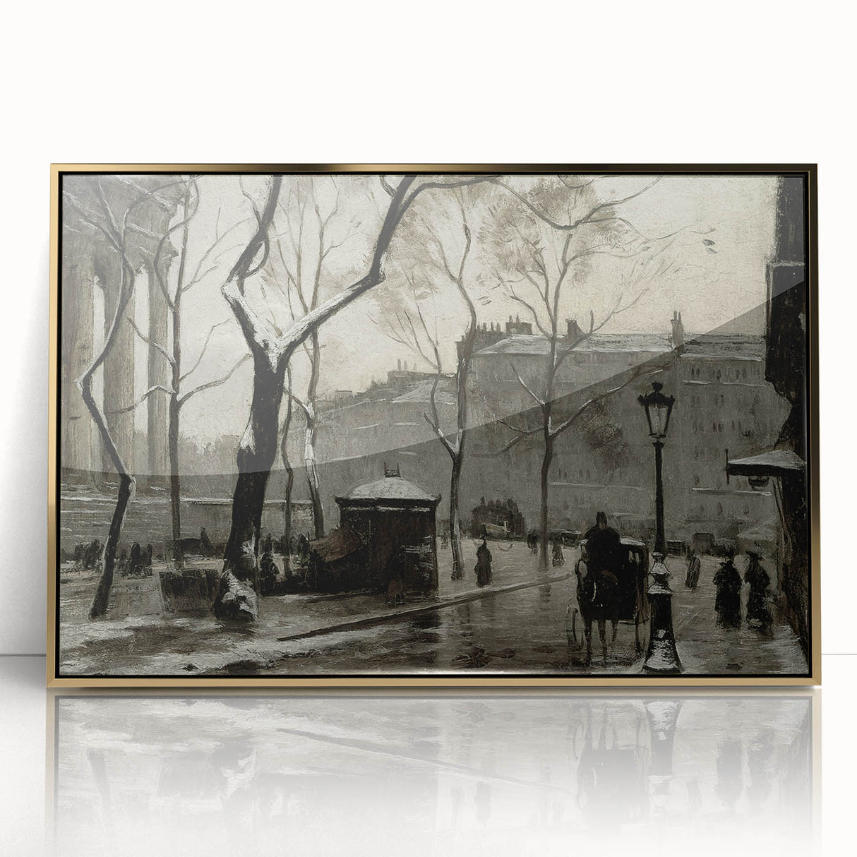 Dark Moody Wall Art - Snowy Urban Street Scene with Vintage Charm