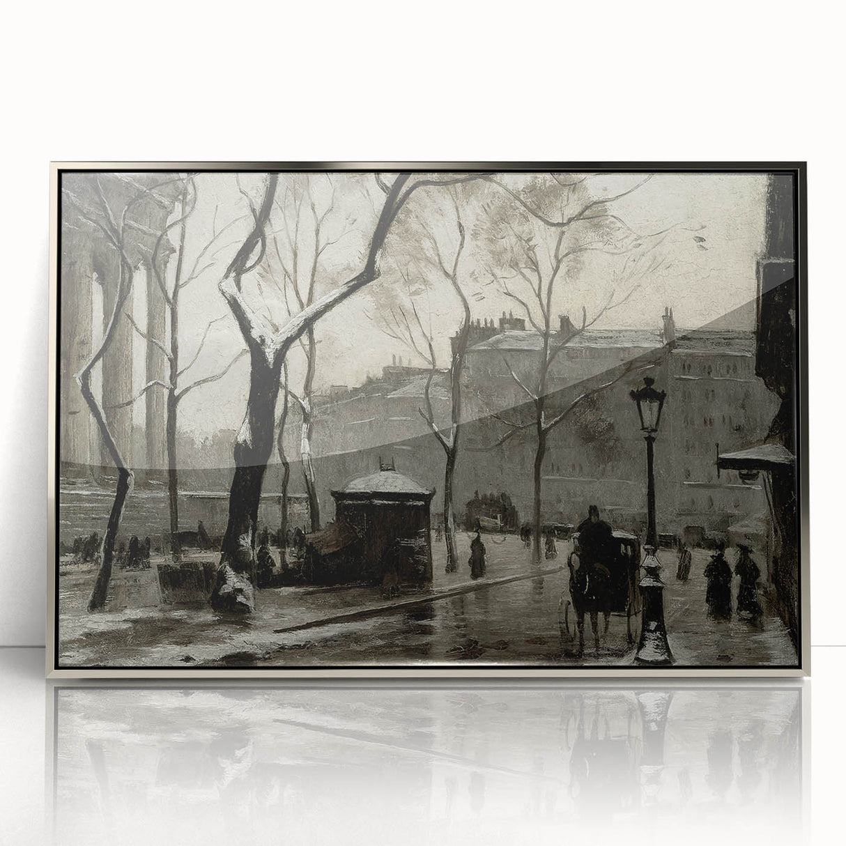Dark Moody Wall Art - Snowy Urban Street Scene with Vintage Charm