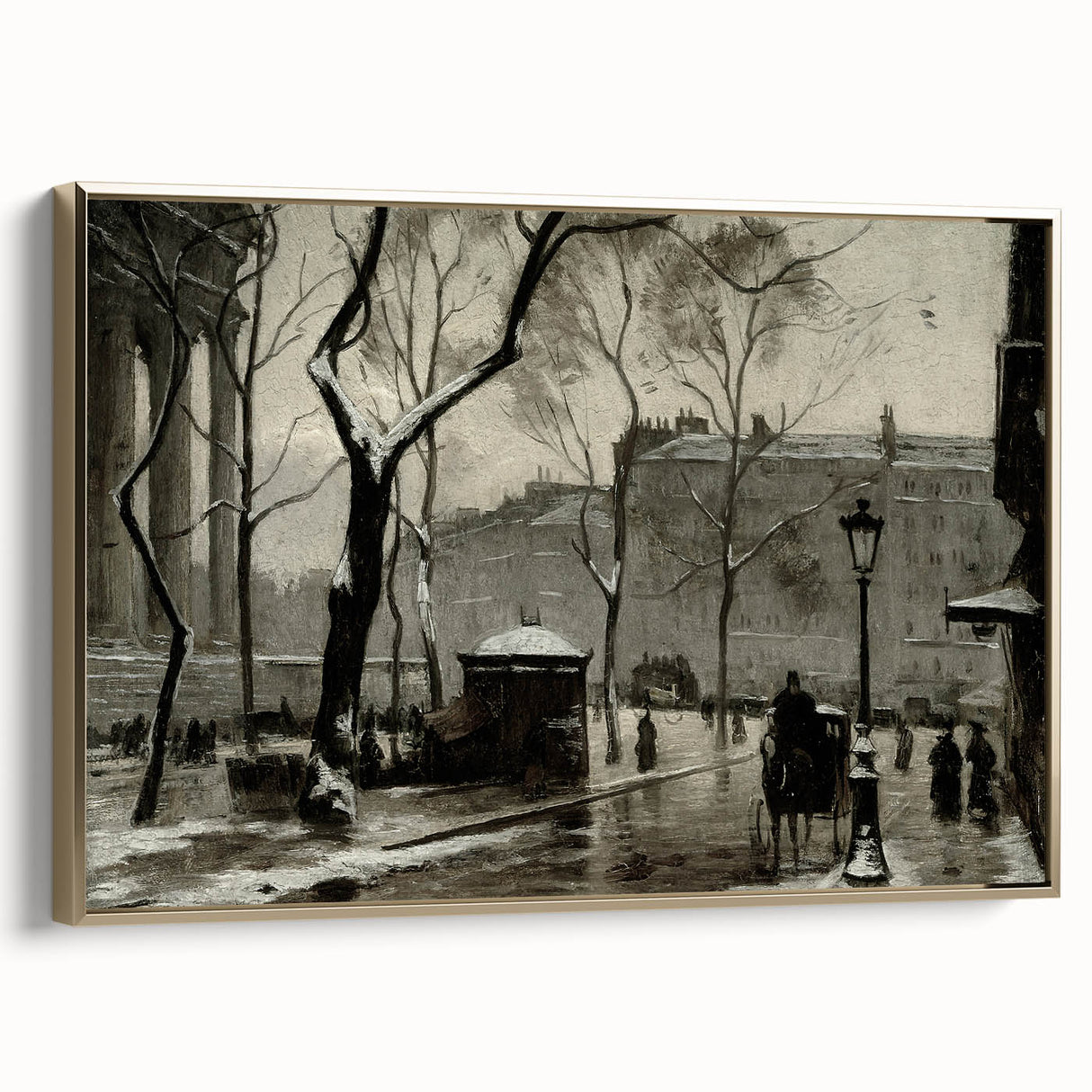 Dark Moody Wall Art - Snowy Urban Street Scene with Vintage Charm
