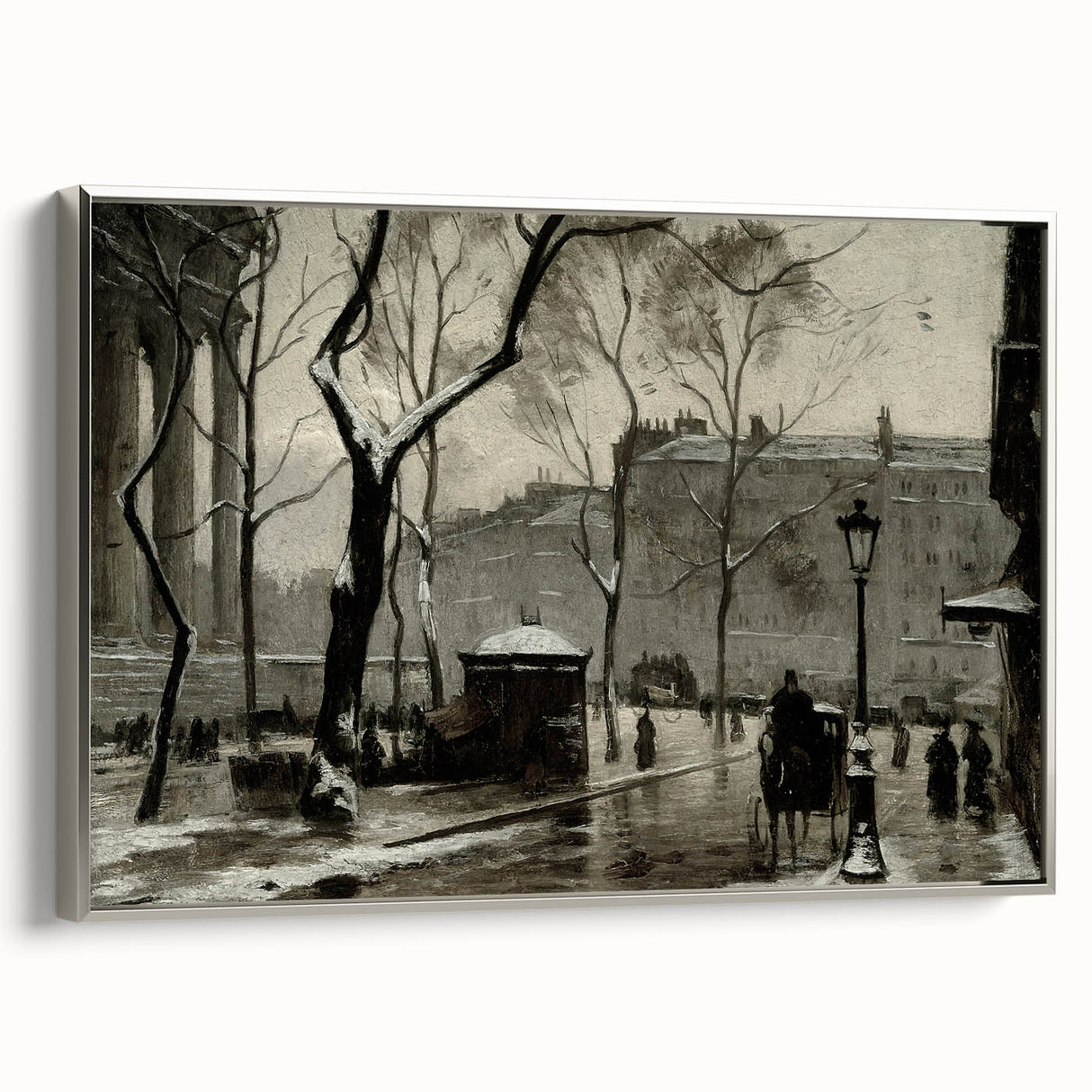 Dark Moody Wall Art - Snowy Urban Street Scene with Vintage Charm