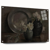 Dark Moody Still Life Floral Art - Timeless Vase and Plate Decor