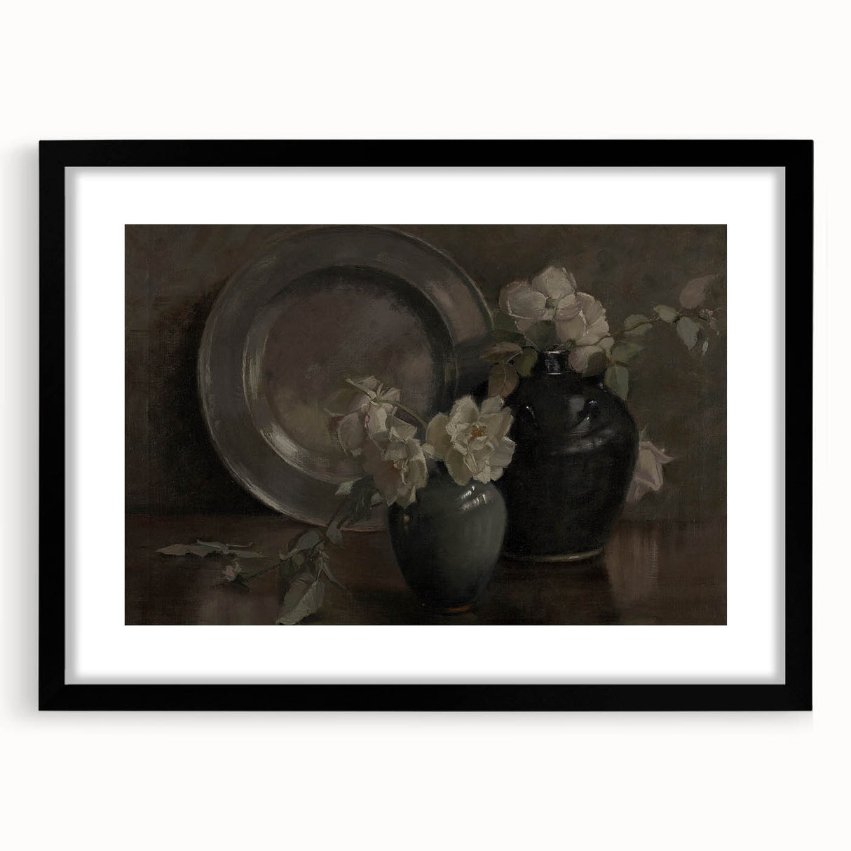 Dark Moody Still Life Floral Art - Timeless Vase and Plate Decor