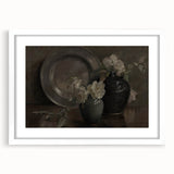 Dark Moody Still Life Floral Art - Timeless Vase and Plate Decor