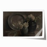Dark Moody Still Life Floral Art - Timeless Vase and Plate Decor