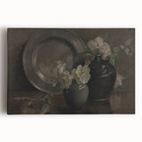 Dark Moody Still Life Floral Art - Timeless Vase and Plate Decor