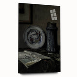 Dark Moody Wall Art - Vintage Still Life with Plate and Vase for Interiors