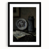 Dark Moody Wall Art - Vintage Still Life with Plate and Vase for Interiors