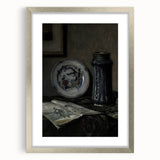 Dark Moody Wall Art - Vintage Still Life with Plate and Vase for Interiors